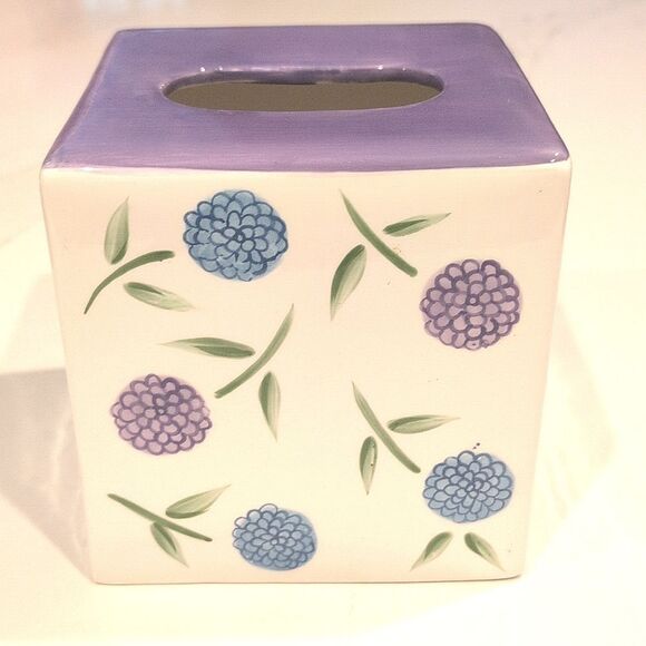 Marimekko Hand Painted Ceramic Floral Square Tissue Box Cover Purple & Blue - Picture 1 of 10